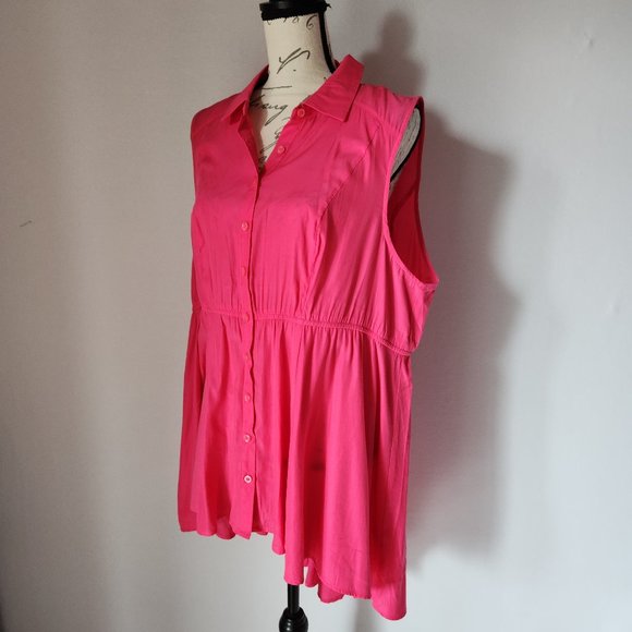 Torrid Babydoll Poplin Button-Front Hi-Low Shirt Sleeveless Pink - Picture 4 of 12